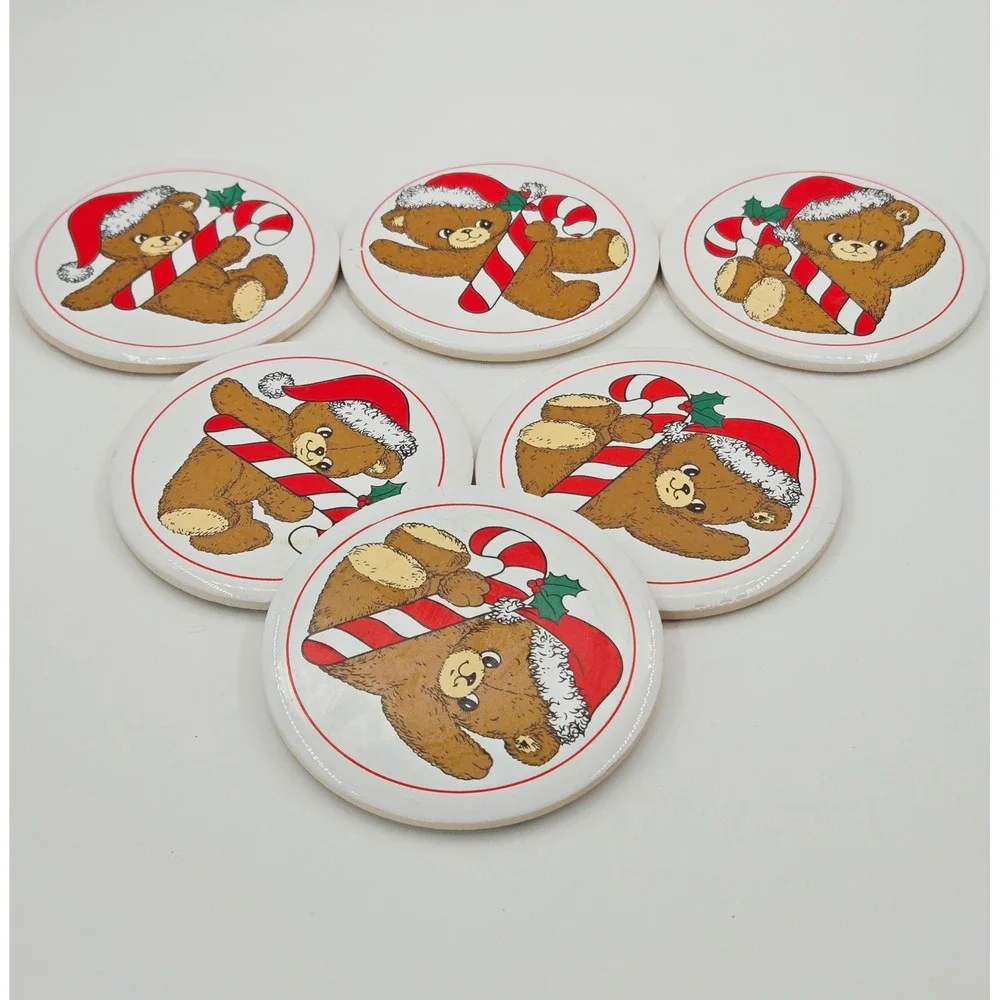 Vintage 1988 House of Lloyd Christmas Teddy Bear Ceramic Coasters Set of 6 w/Box